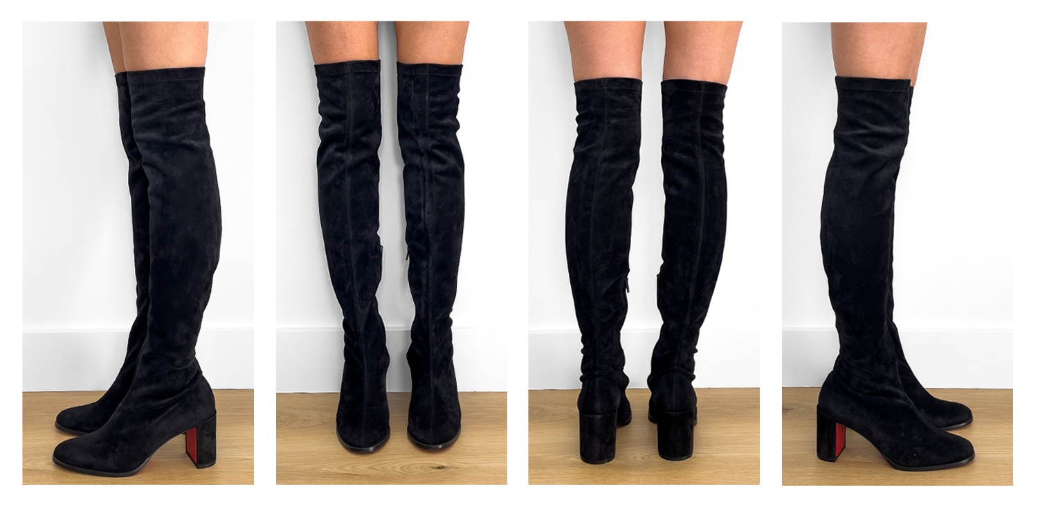 photo showing how over the knee Christian Louboutin black suede boots fit