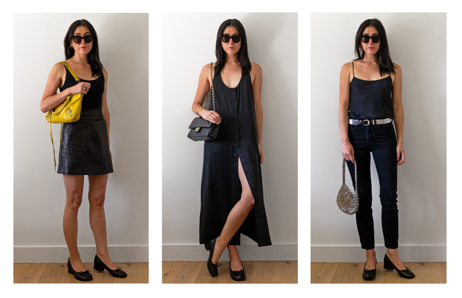 Evening outfits with Margiela tabi flats, left to right: Wolford black bodysuit with a leather skirt and a yellow handbag; Black button down silk dress and a Chanel classic handbag; The Row black cami with a silver metal belt and black Cigarette length jeans with a silver handbag and silver jazzy earrings