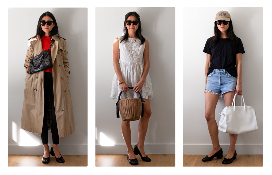 Outfits with Margiela tabi flats, left to right: Burberry trench coat, Guest in Residence Sweater, Lululemon black leggings; Chloë Sevigny x Opening Ceremony and a Saint Laurent basket bag; Baseball cap, black t-shirt, denim shorts, and a white handbag