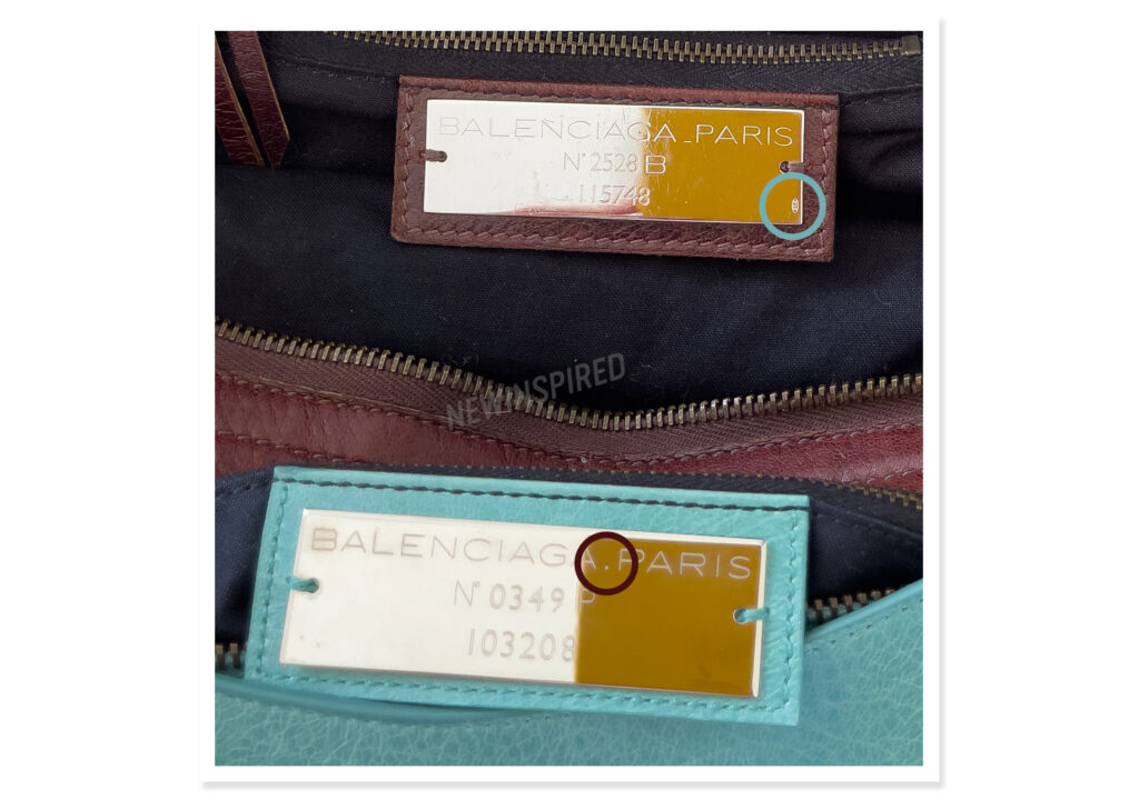 Showing the differences in a F/W 2004 and S/S 2010 Balenciaga bag's tag