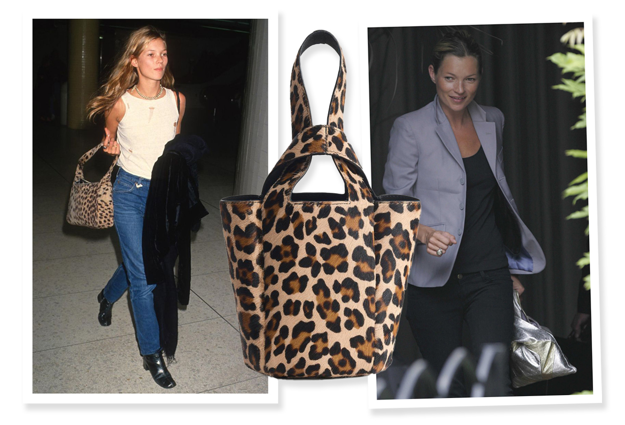 Kate Moss in the 90's with a leopard print bag and Kate Moss in 2005 with a bag that resembles the one she made with Zara