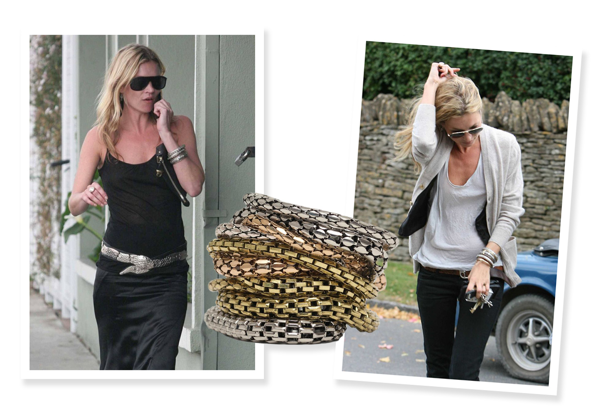 Kate Moss in 2007 wearing vintage bracelets and then the version she made for Zara