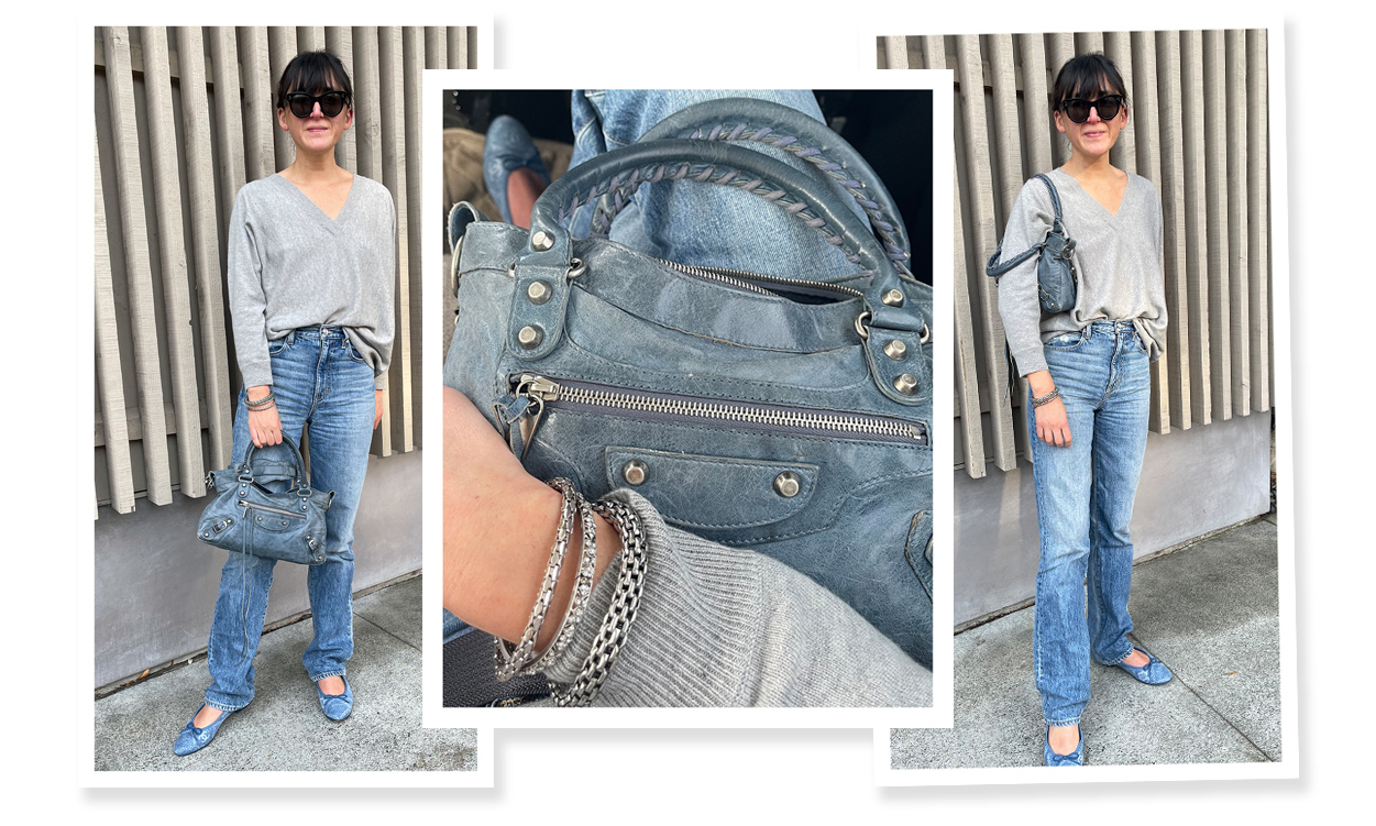 Grey sweater, blue jeans, blue Balenciaga bag, and blue ballet flats with a vintage bangle and Kate Moss Zara bracelets