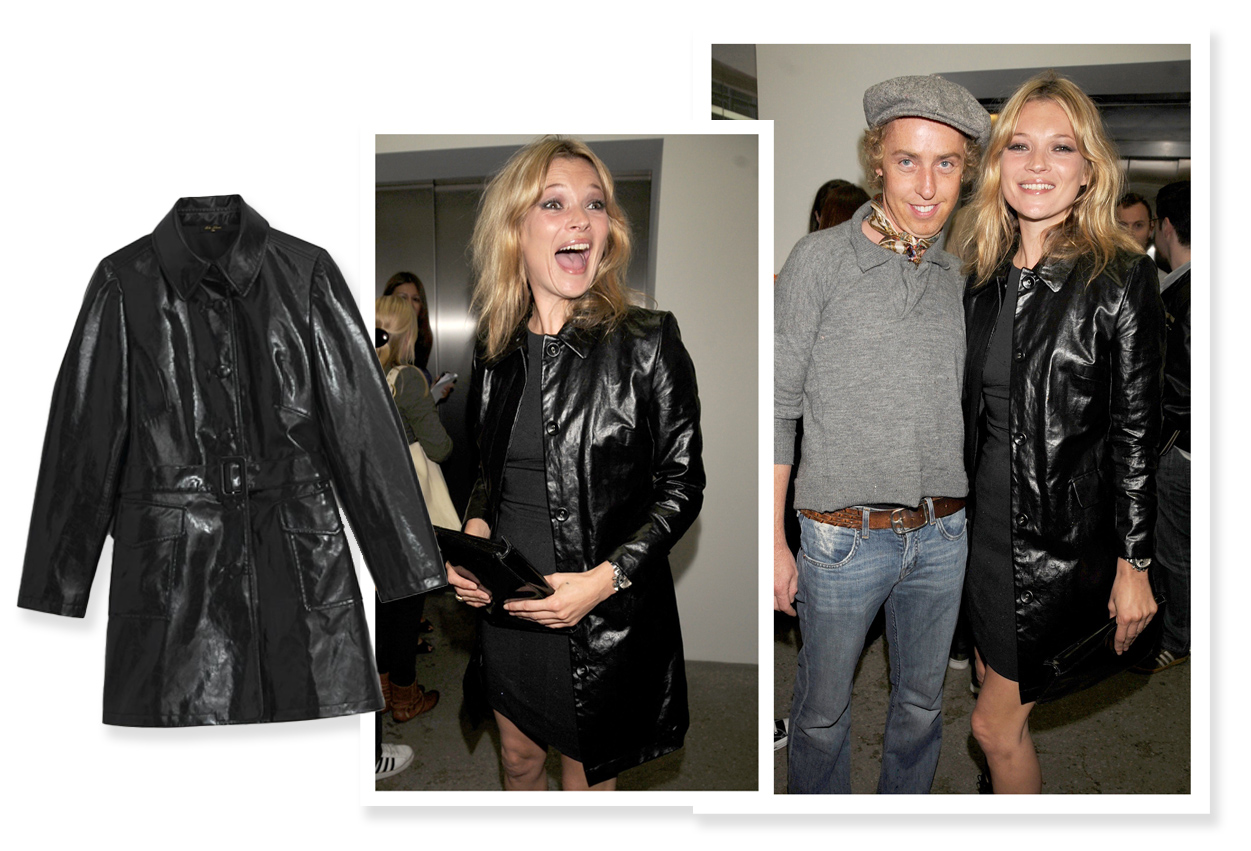 Kate Moss wearing a black patent leather coat in 2008 and the Zara version