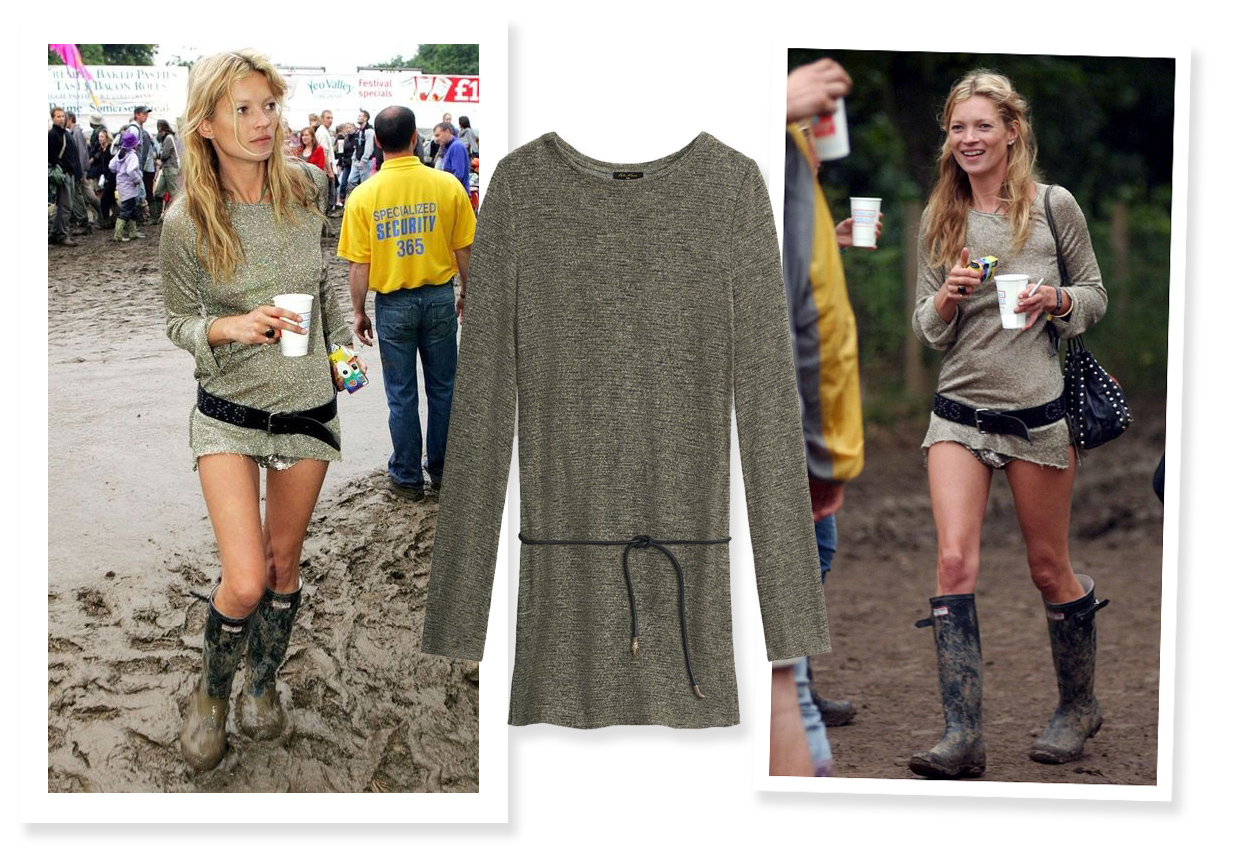 Kate Moss in a gold metallic dress at Glastonbury in 2005 and the version she made for Zara in 2024