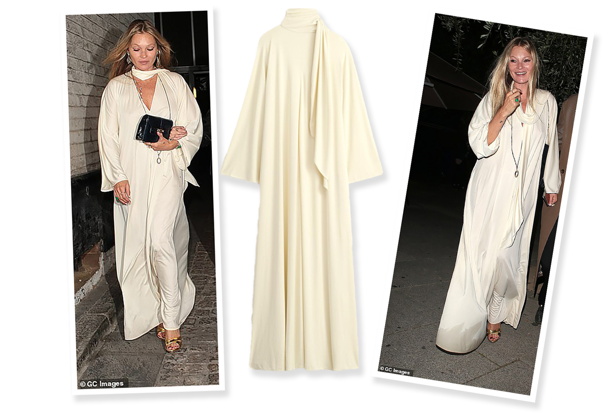 Kate Moss in a floor length ivory dress with a scarf detail and the one she made for Zara